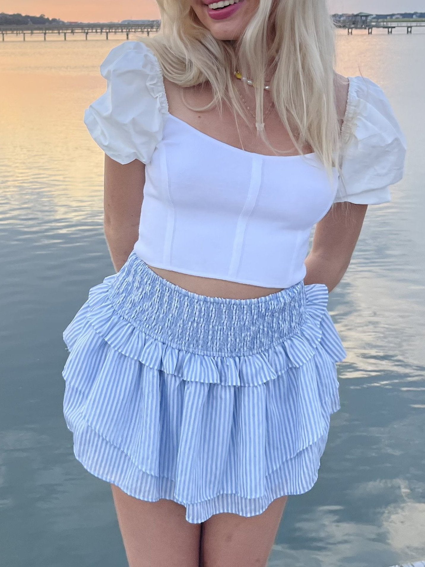 Light blue striped Sally Walker ruffle mini skirt