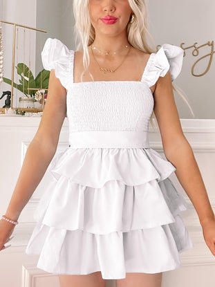 White Sweet Sorbet tiered ruffle mini dress with puff sleeves