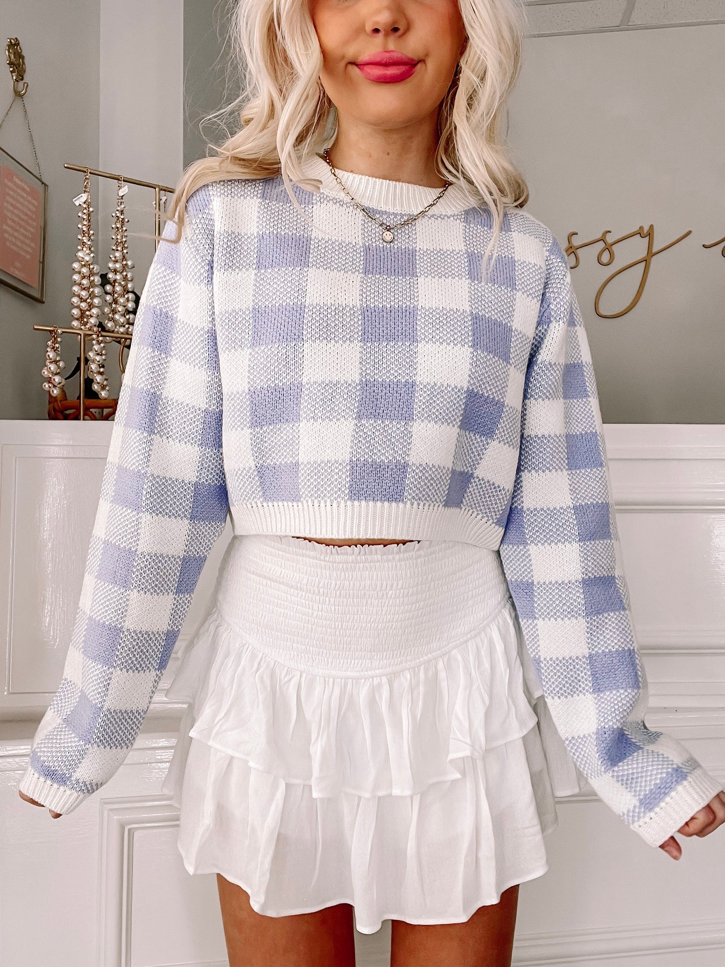Lavender Check Point cropped sweater in a soft, comfy knit