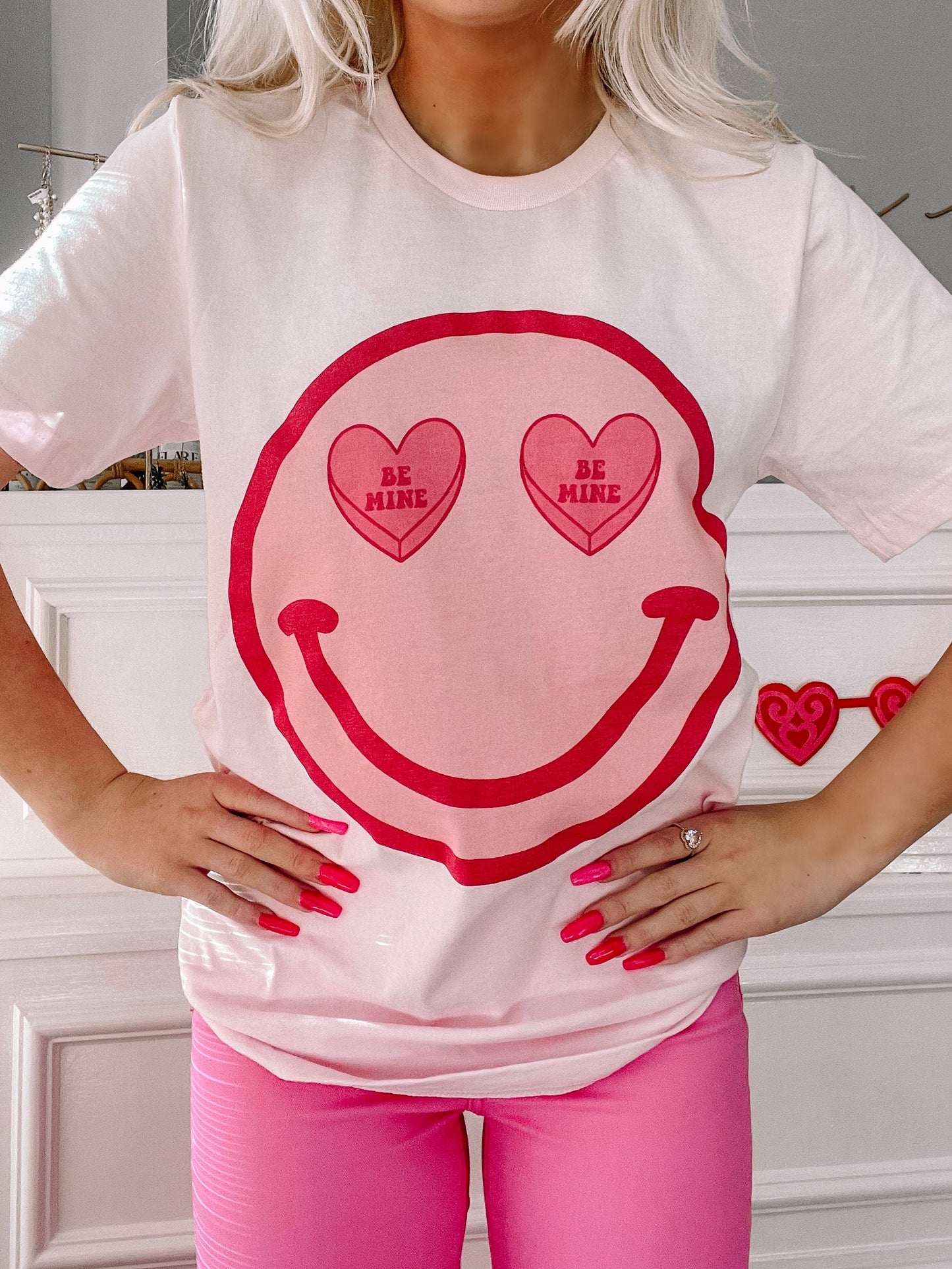 Pink 'Be Mine' heart smiley face tee shirt