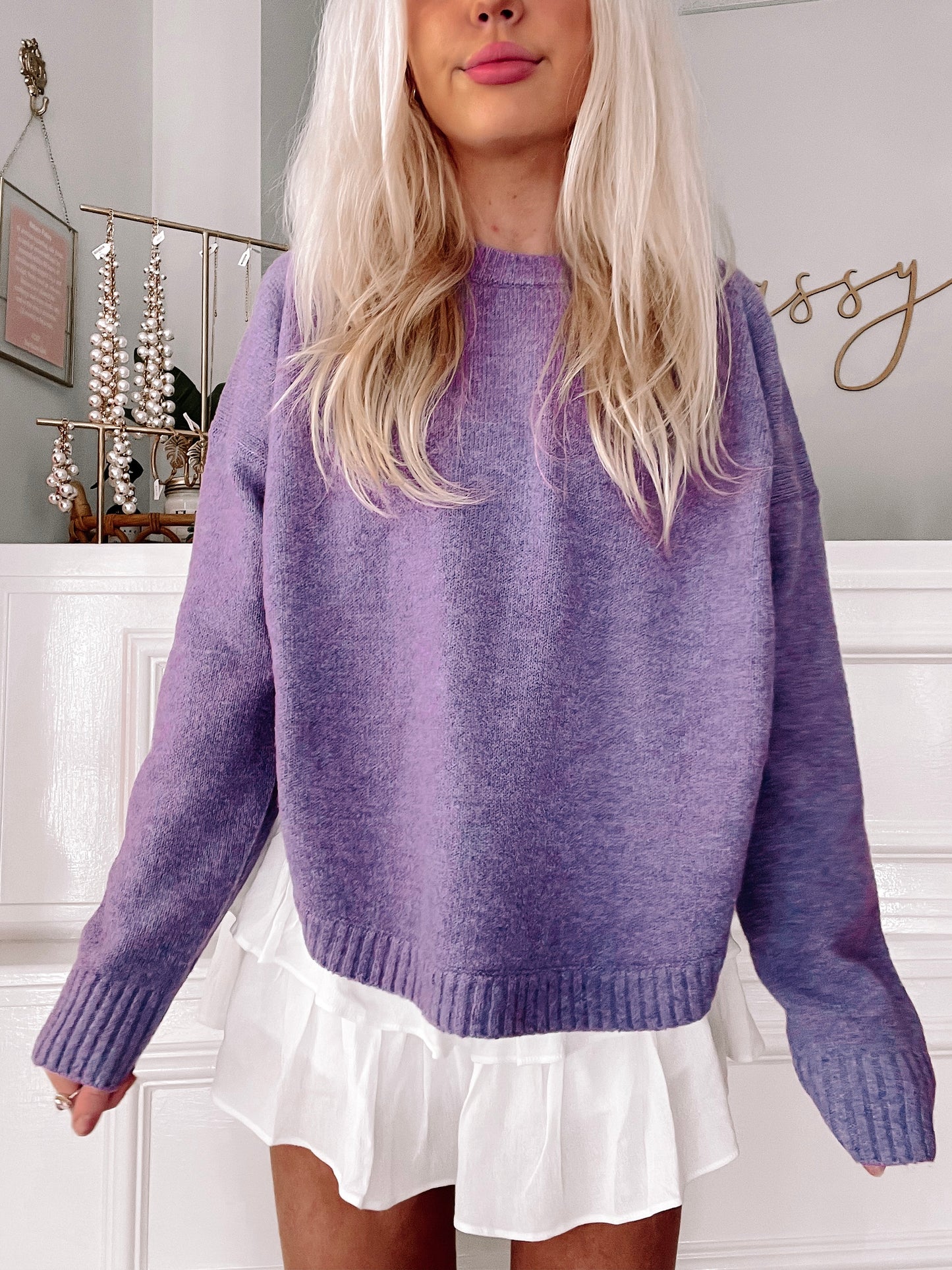Purple Orchard Breeze sweater, soft knit, relaxed fit
