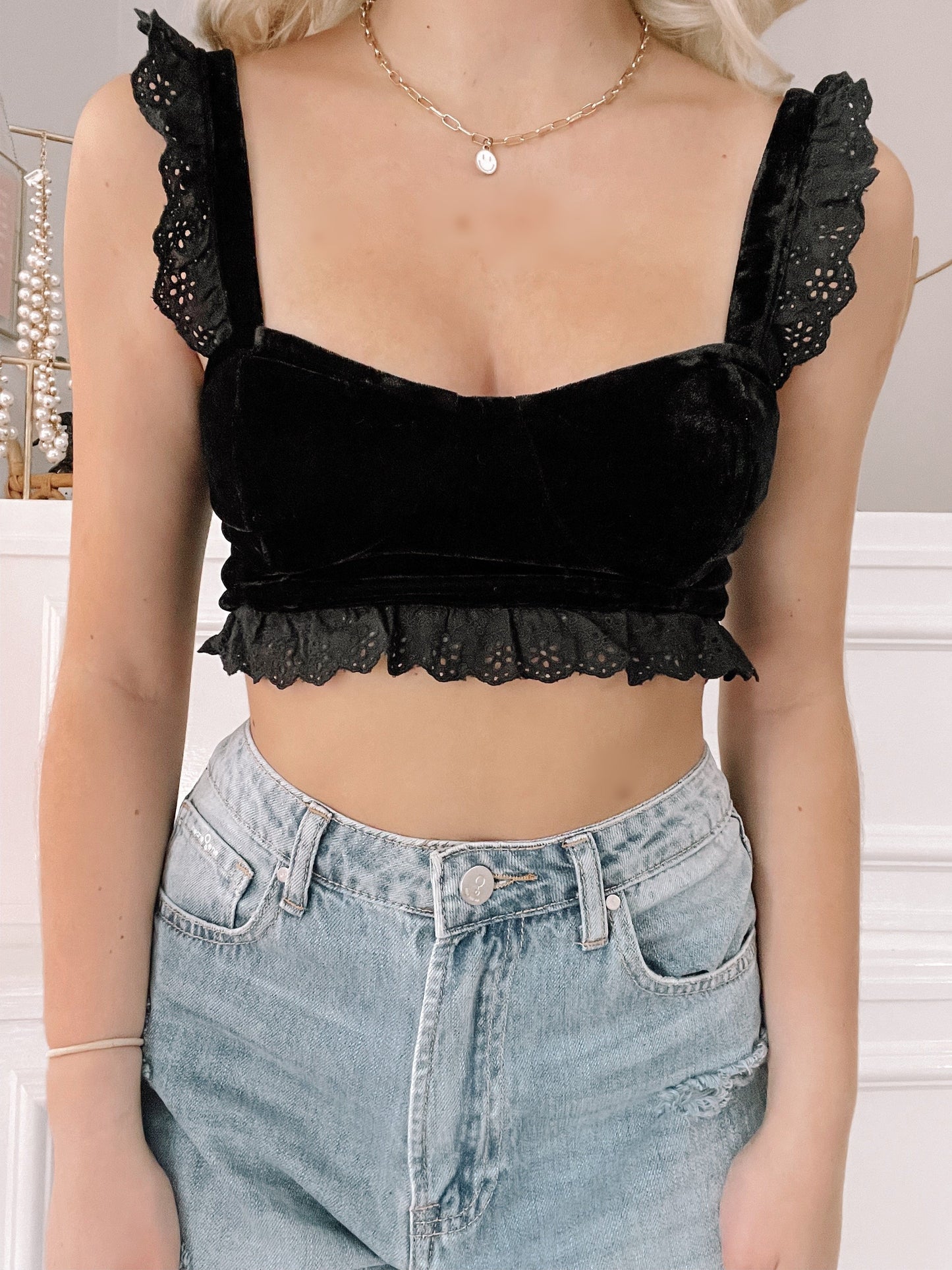 Black velvet After Party top with eyelet lace trim