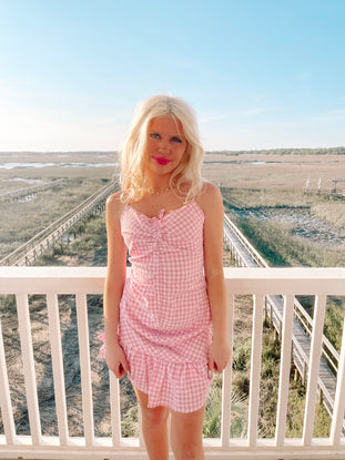 Pink gingham Sweet Talker dress with ruffle hem