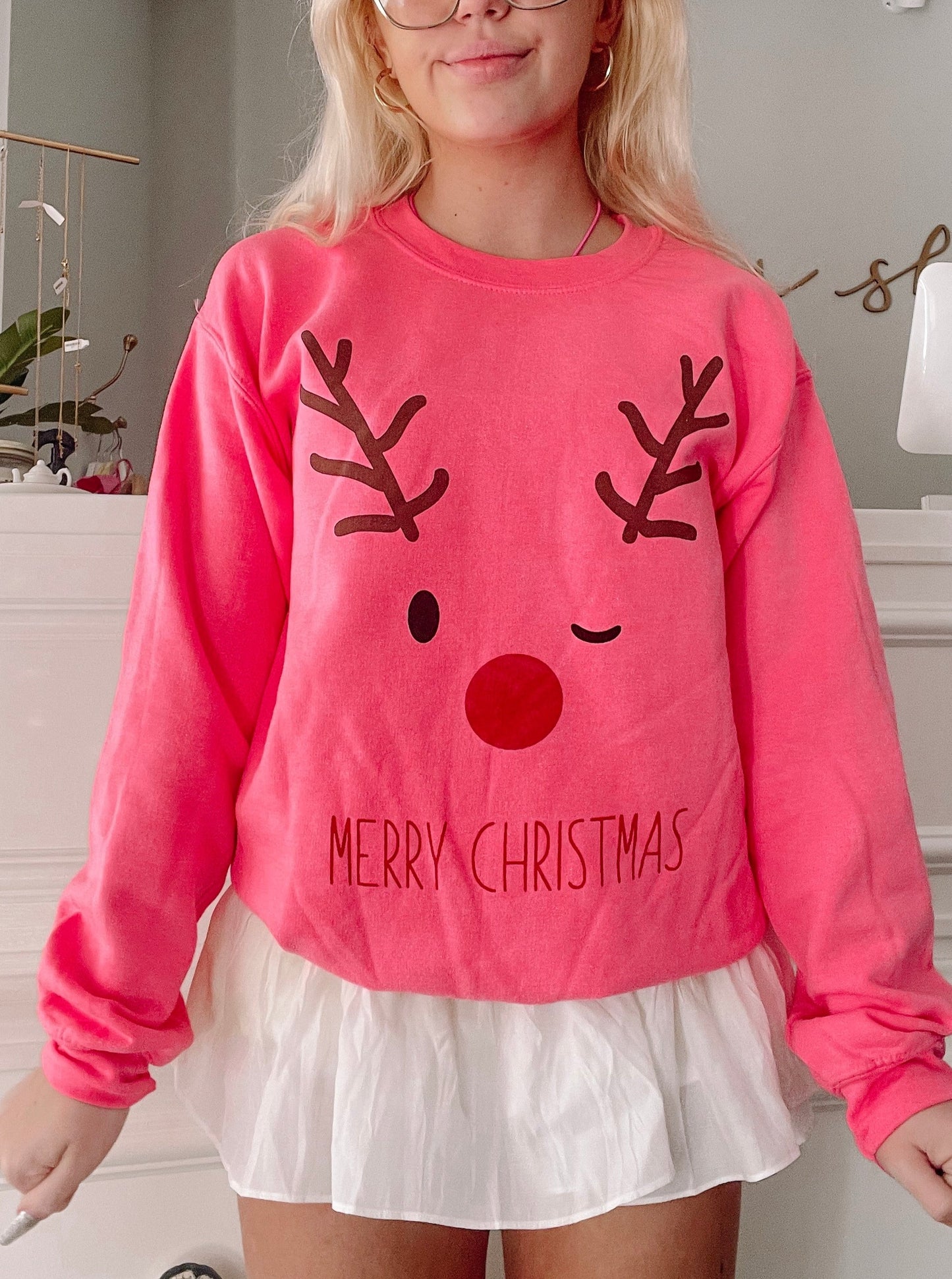 Pink Rudolph crewneck sweatshirt with "Merry Christmas" text