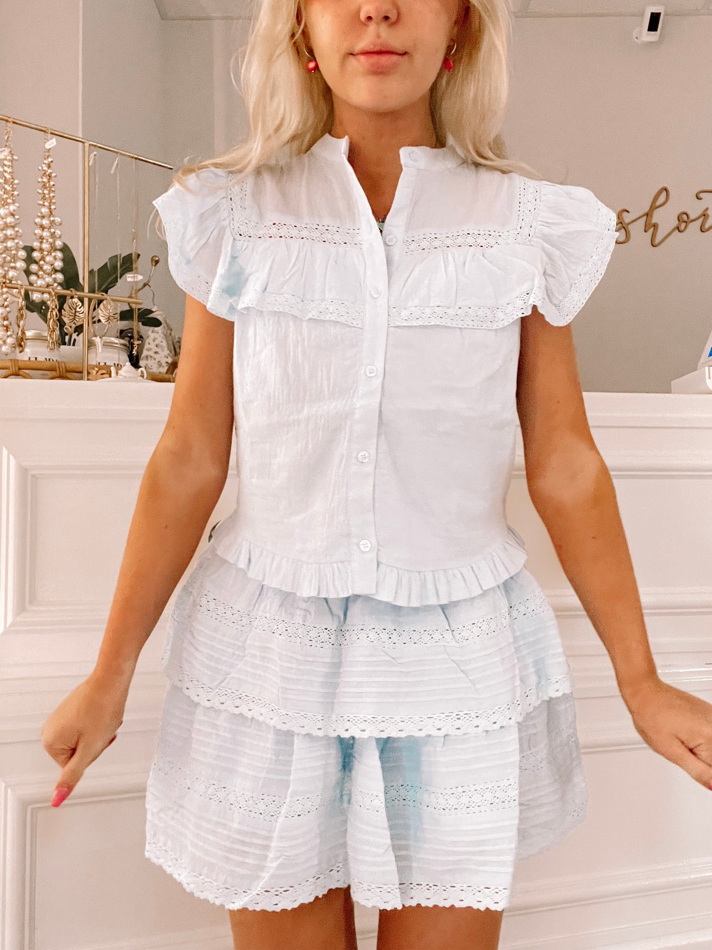 Dream Chaser Top & Skirt Set in light blue; tiered ruffle detailing and delicate eyelet trim.