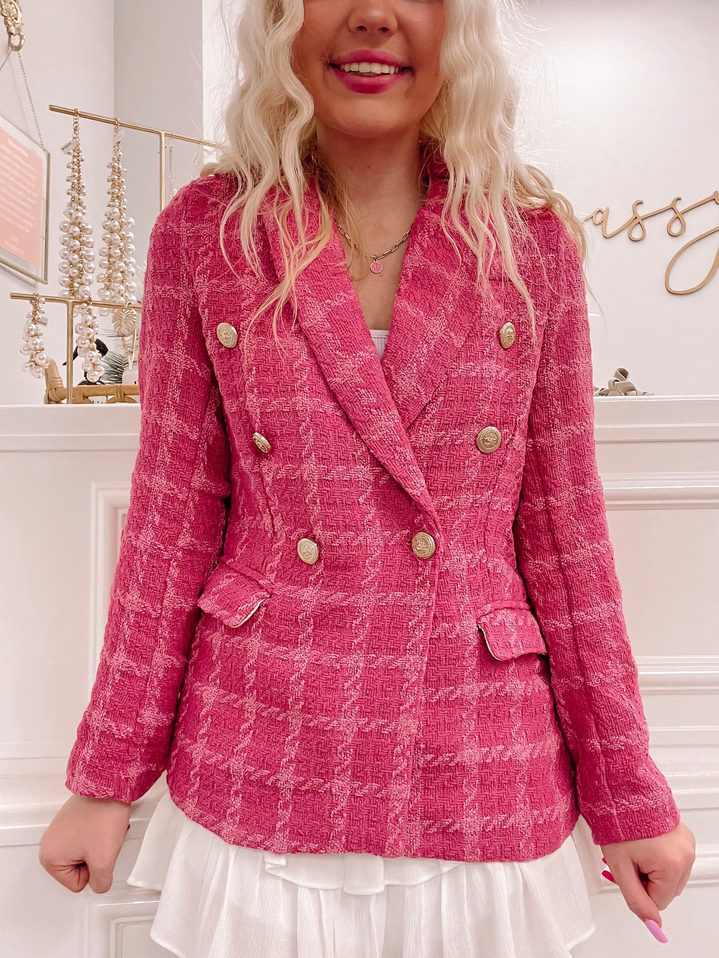 Pink tweed Gossip Girl blazer with gold buttons