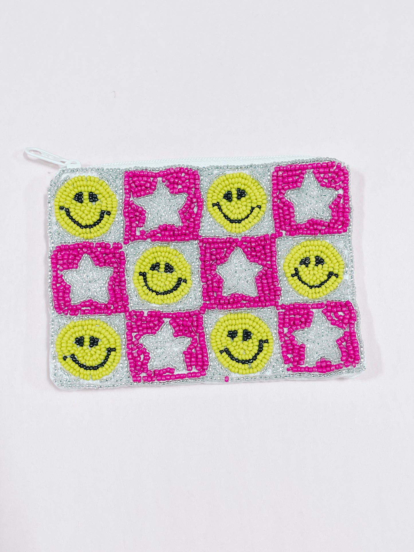 Beaded zipper pouch with pink and silver stars and smiley faces.