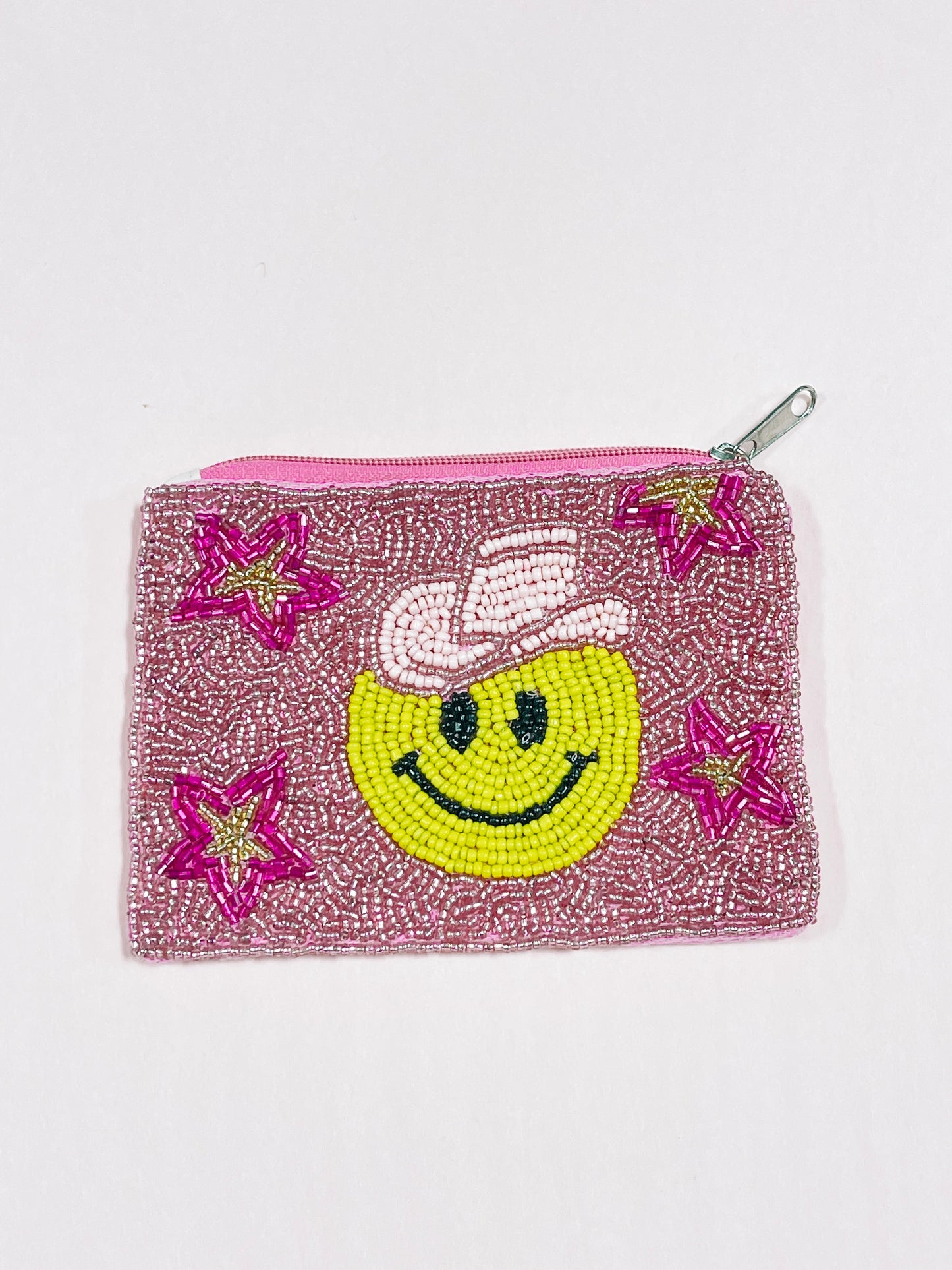 Pink beaded Smiley Cowgirl pouch with zipper closure