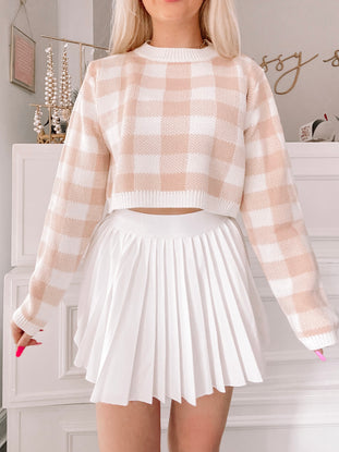 Blush pink and white gingham Check Point cropped sweater