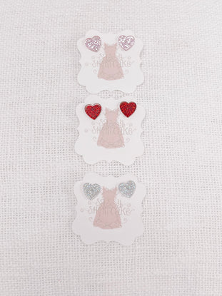 Sassy Shortcake Sparkle Sweet Heart glitter earrings; pink, red, silver.