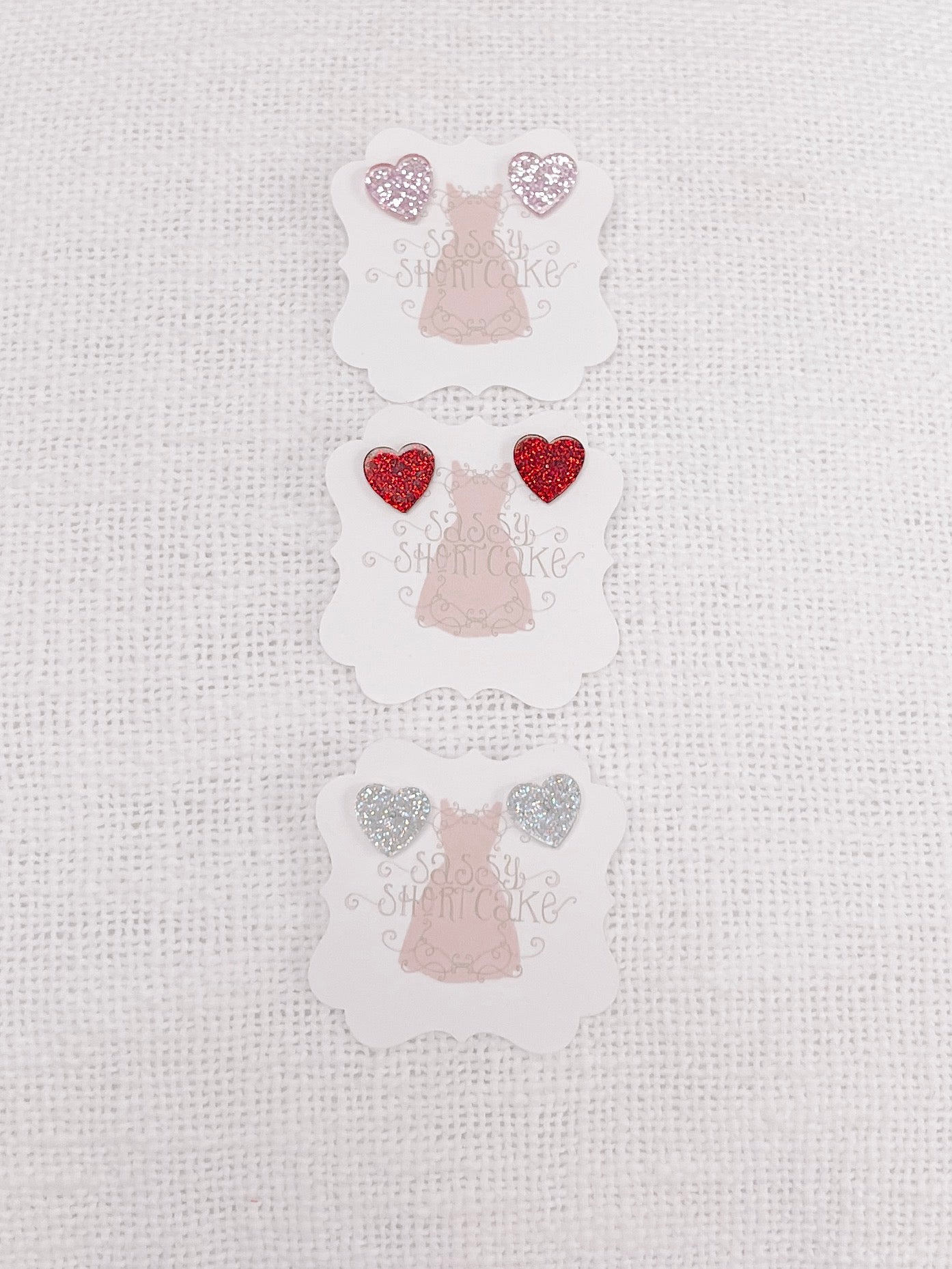 Sassy Shortcake Sparkle Sweet Heart glitter earrings; pink, red, silver.
