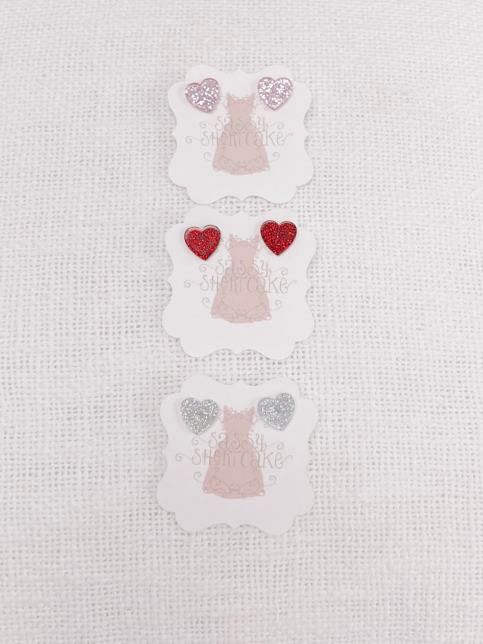 Sassy Shortcake Sparkle Sweet Heart glitter earrings; pink, red, silver.
