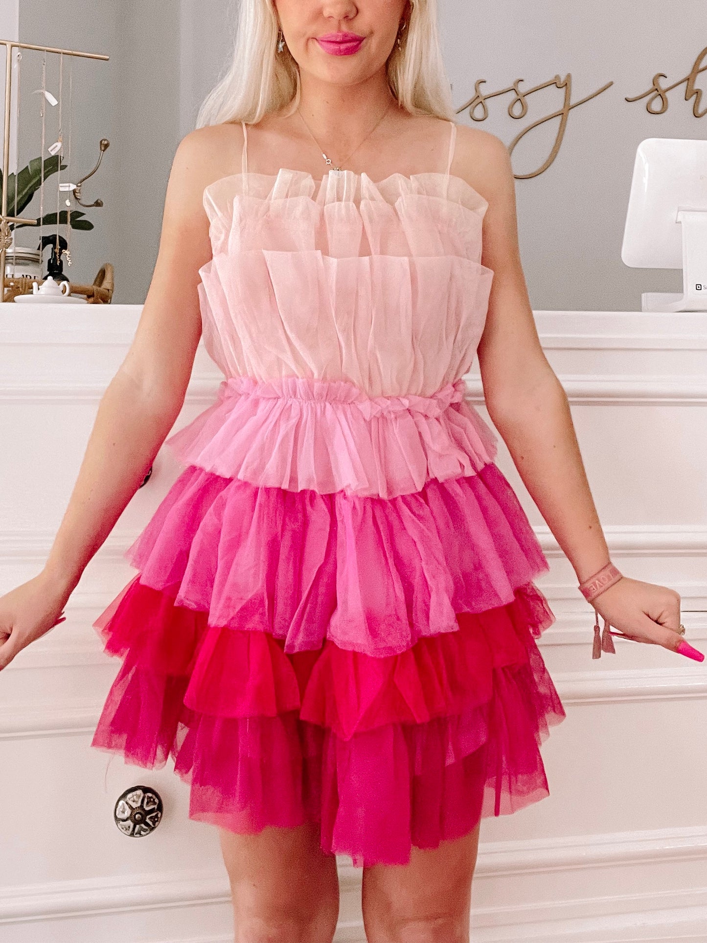 Shades of Sassy ombre pink tulle mini dress with tiered ruffle skirt