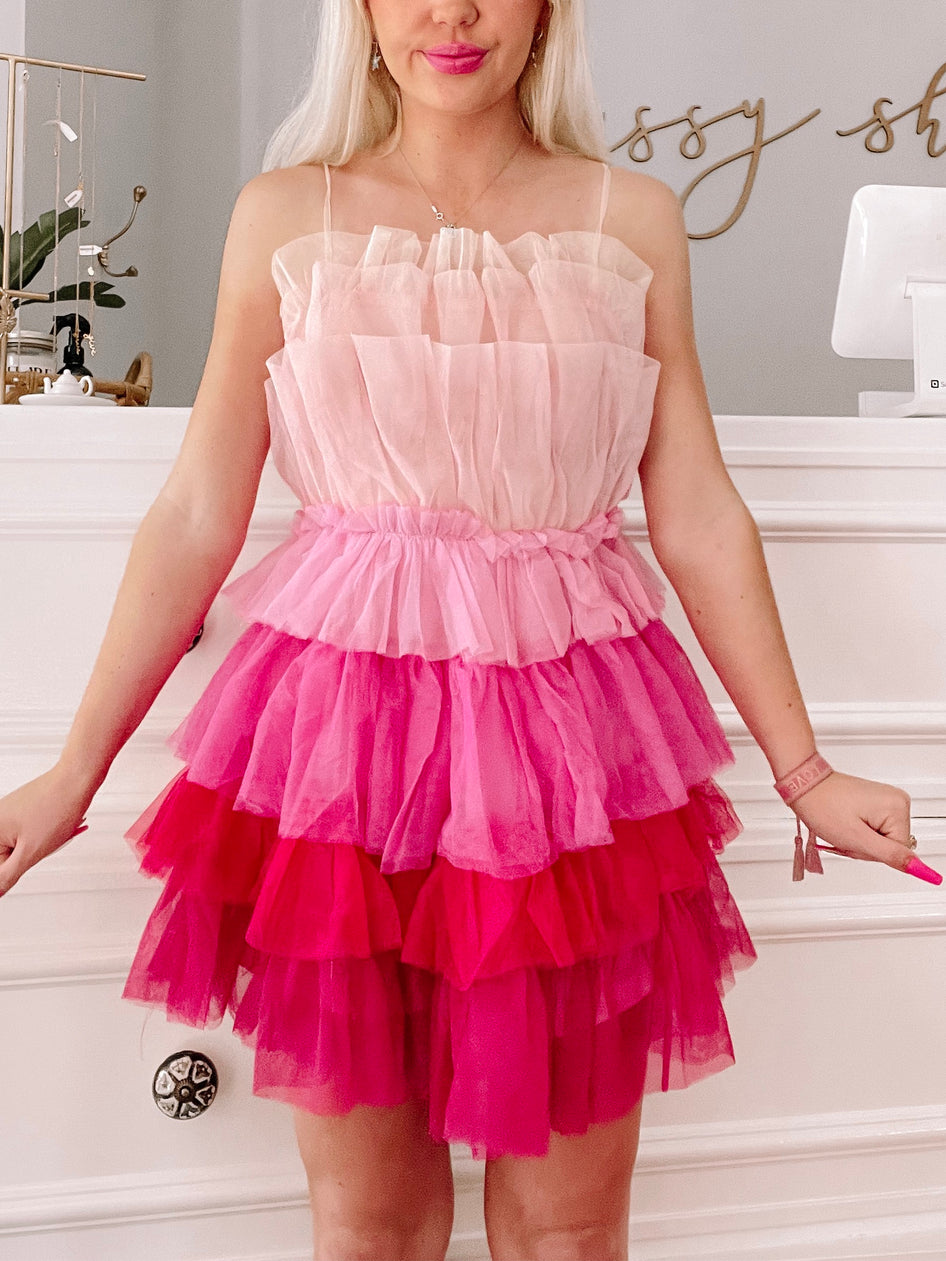 Shades of Sassy ombre pink tulle mini dress with tiered ruffle skirt