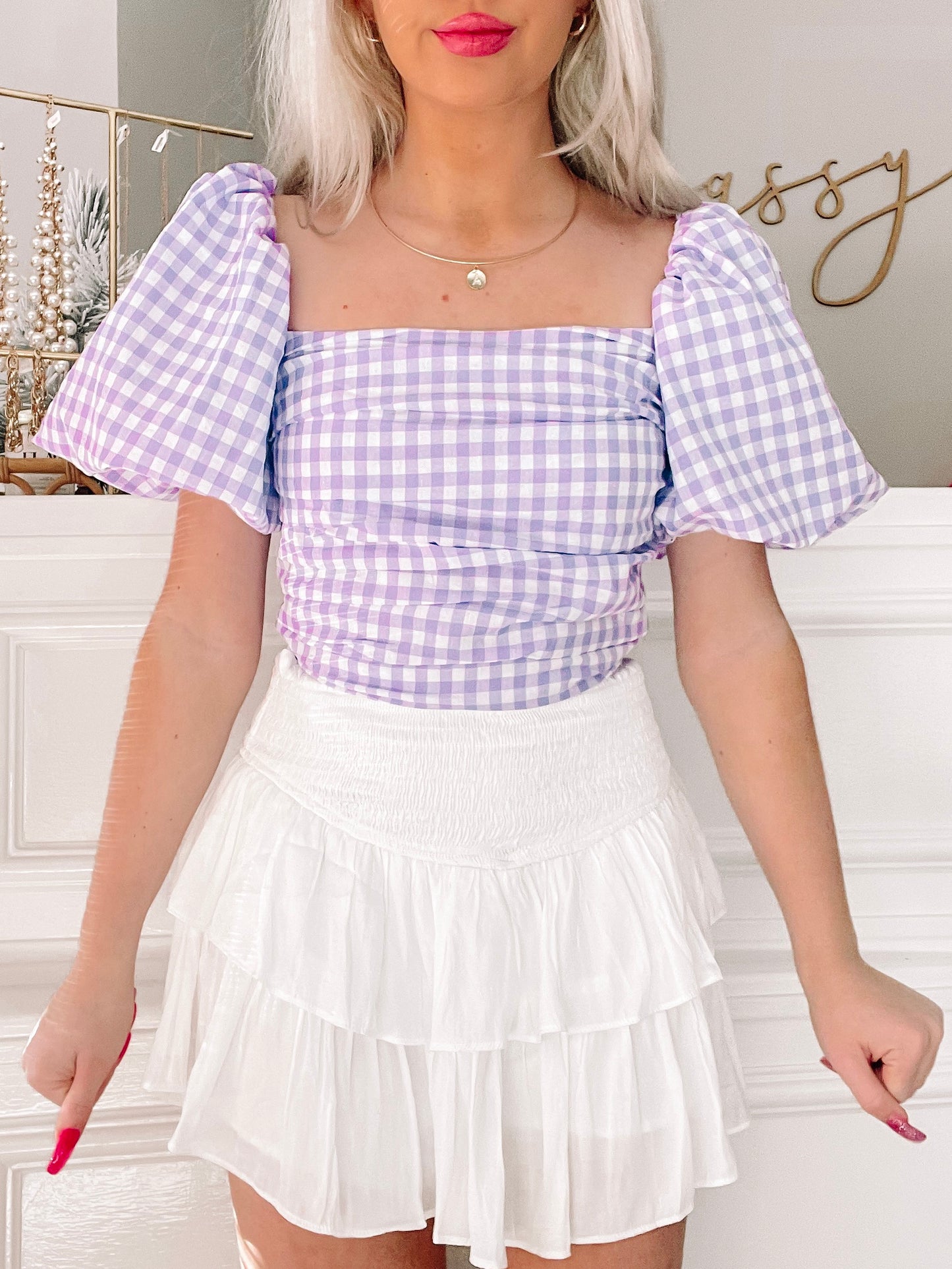 Leighton Top in lavender gingham with puff sleeves