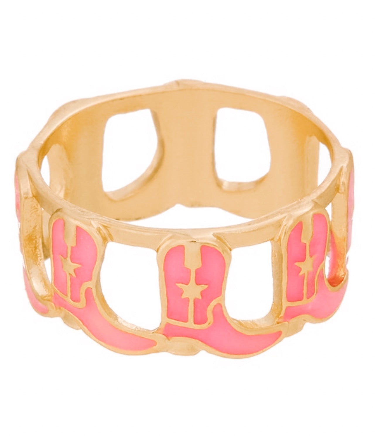 Gold ring with pink enamel cowboy boots.
