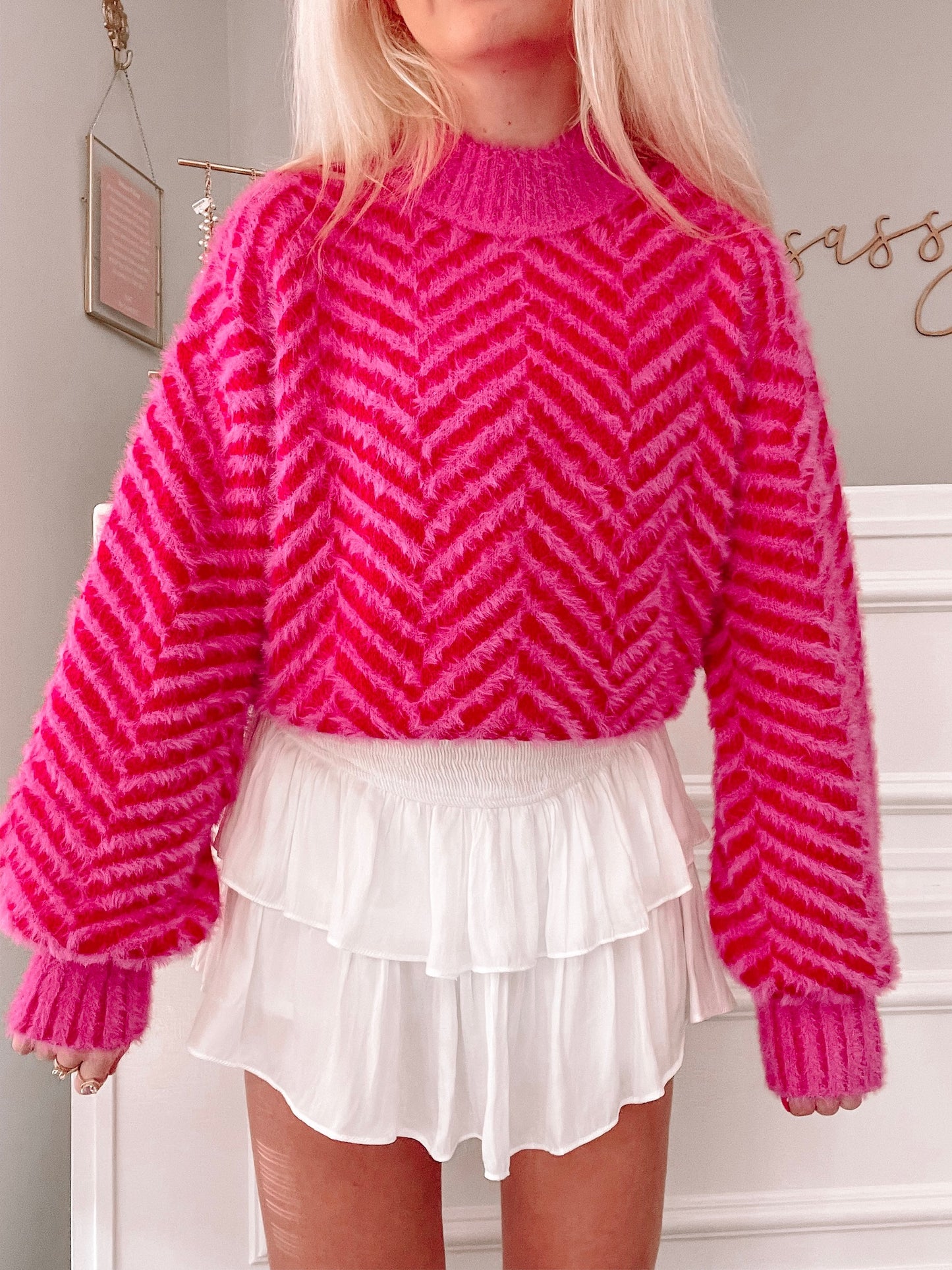 Lash Life pink fuzzy chevron sweater
