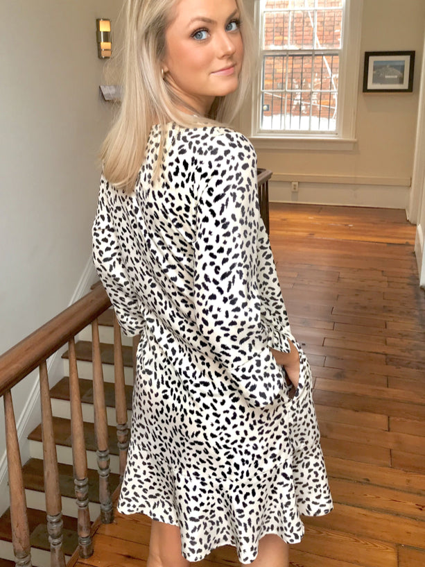 Cream and black dalmatian print mini dress with pockets
