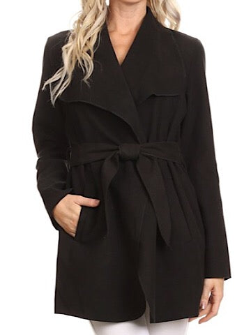 Black belted wrap coat with a relaxed fit and pockets.