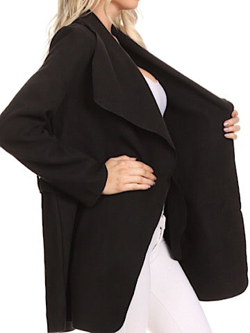 Black open-front belted jacket, long sleeves, shown on model.
