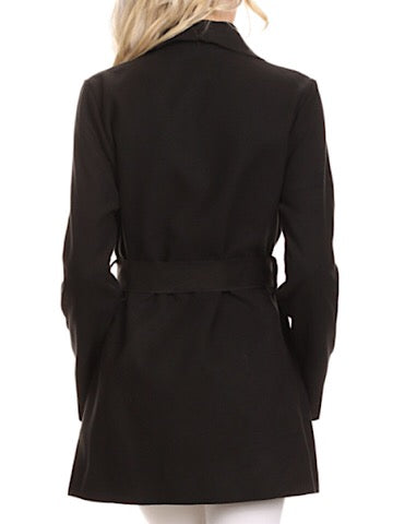 Black belted jacket, rear view, showcasing a classic fit and long sleeves.