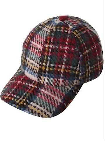 Plaid baseball cap in autumnal colors; wool blend fabric.