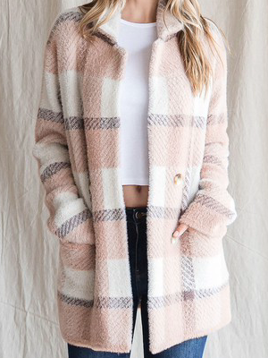 Cozy pink and white plaid Golden Isles coat with pockets.