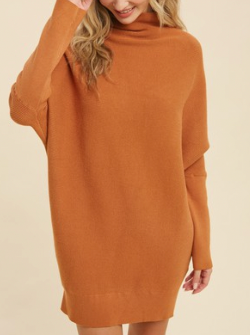 Women's burnt orange turtleneck sweater tunic, long sleeves, relaxed fit.