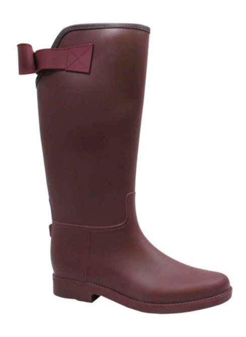 Burgundy tall rain boots with a side bow detail.