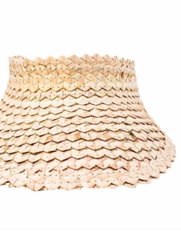 Wide-brimmed straw visor, intricately woven with a textured pattern, light beige in color.