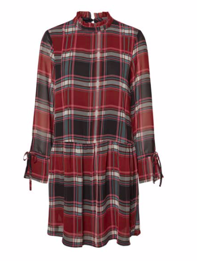 Red and black plaid long-sleeve mini dress with ruffle neckline and tie cuffs.