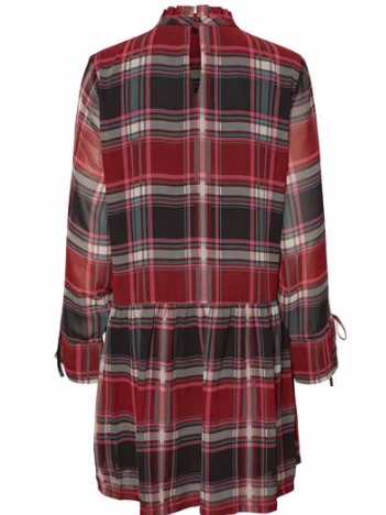 Red and black plaid long-sleeve mini dress with ruffle neck detail.