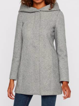 Gray hooded wool coat, mid-length, on model.