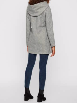 Gray hooded coat, back view, shown on a model wearing dark jeans and ankle boots.
