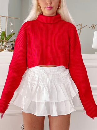 Red Sydney cropped ribbed knit turtleneck sweater