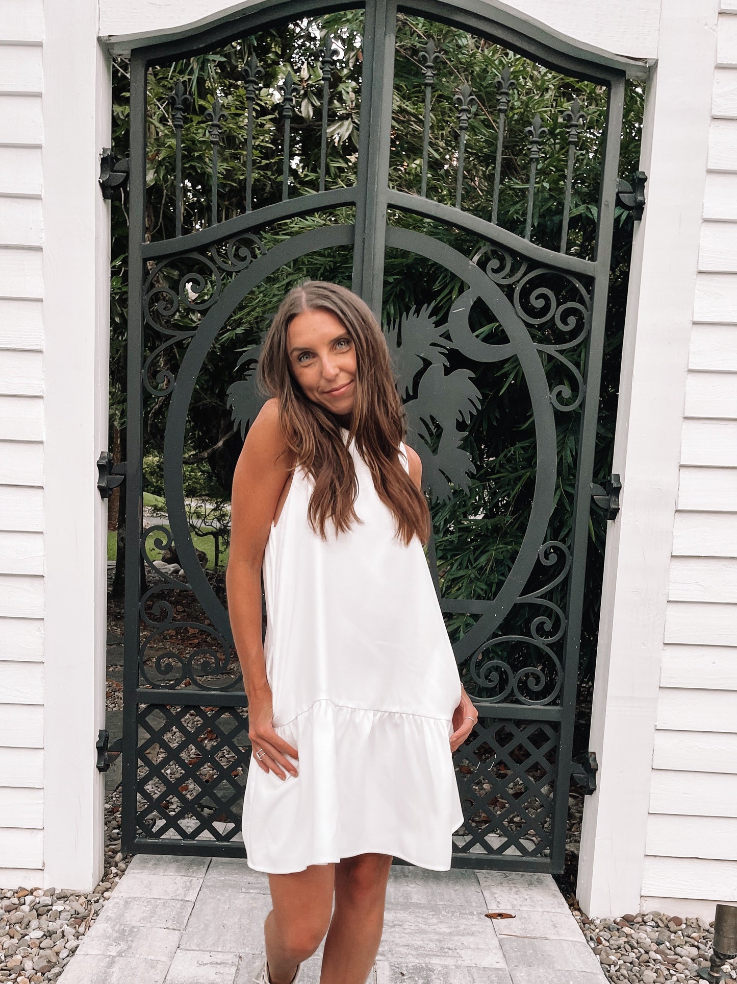 White Ariana dress, tiered ruffle hem, sleeveless summer dress