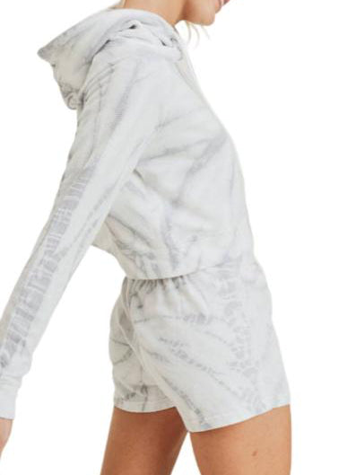 Grey tie-dye hoodie and shorts set; relaxed fit, casual style.