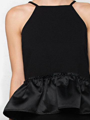 Black halter top with satin ruffle detail.