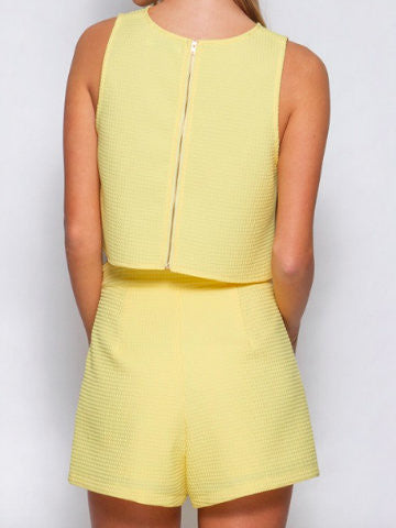 Pale yellow shorts suit, textured fabric, rear view