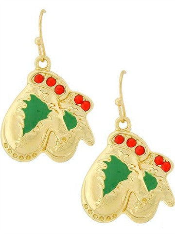 Gold Holiday Mitten earrings with green and red enamel detailing.