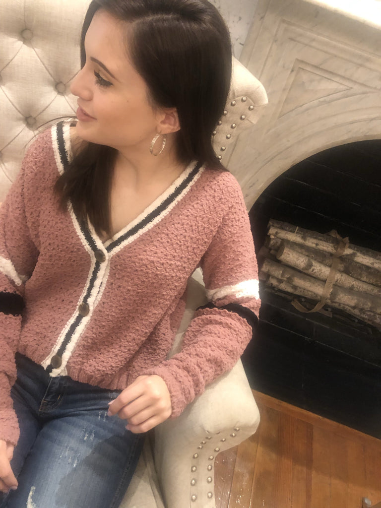 Plum Cold Hearted Cardigan: Cozy textured knit, button-front, contrasting stripes.