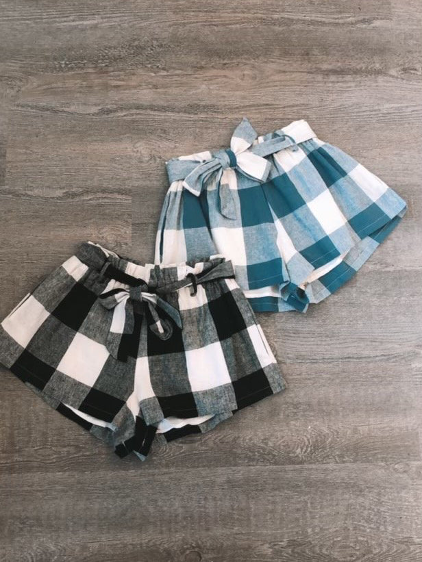 Blue and black plaid All Mine Shorts with tie waist