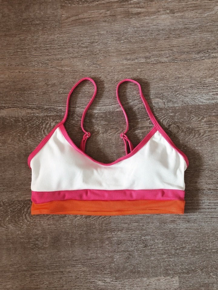 Summer Memories ribbed swimsuit top; white with pink and orange stripes