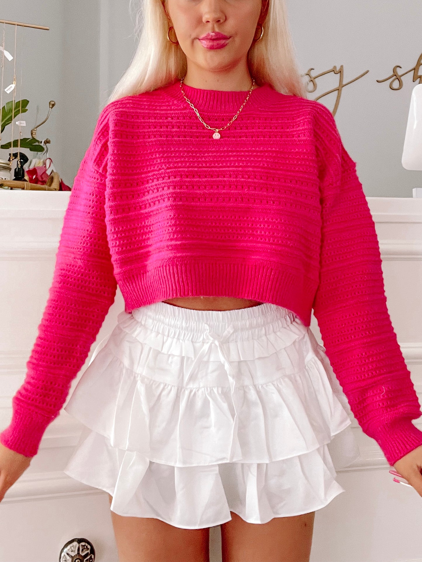 Hot pink Jainie cropped knit sweater with textured detail