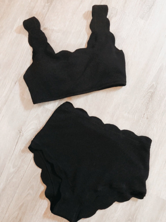 Black Pretty Penny scallop-trim bikini top and high-waisted bottoms