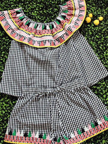 Black & white gingham Mix & Mingle Set: off-shoulder top & shorts with colorful embroidered trim.
