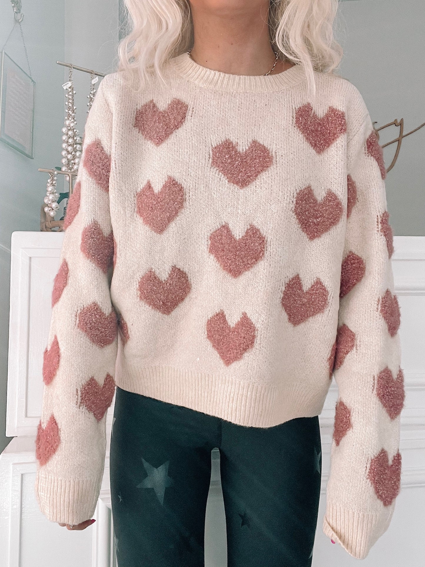 Cream First Love sweater with pink fuzzy hearts
