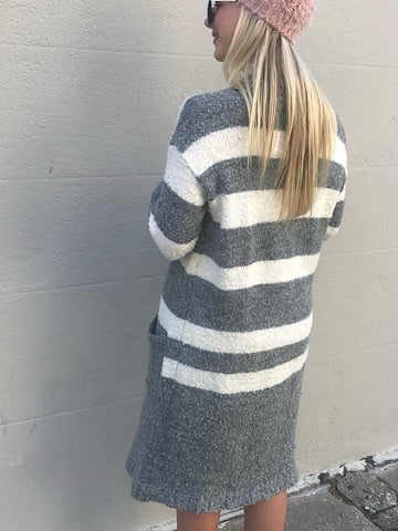 Gray Far Out Cardi: Cozy striped cardigan with pockets.