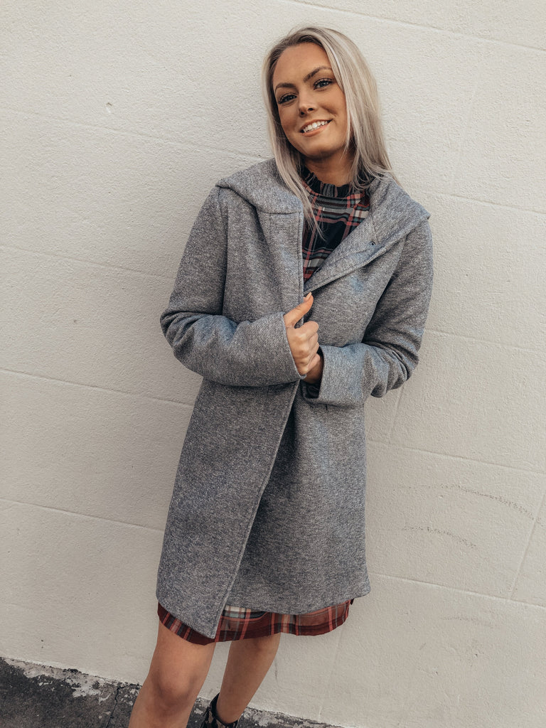 Grey Maddie hooded coat, relaxed fit, perfect for fall