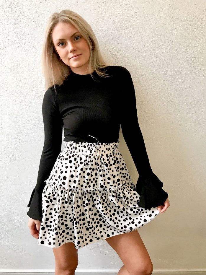 White and black dalmatian print tiered mini skirt, "Not Sorry" skirt.